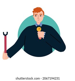 Stand-up show. Speech by a man with a microphone. Character design. Vector.
