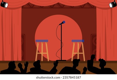 Concepto de escenario Standup. Escena con micrófono en el stand y cortinas rojas. Representación cómica de comediantes. Humor y bromas. Evento, fiesta y festival. Dibujo vectorial plano de dibujos animados