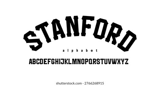 Stanford: Bold varsity slab serif with a pointed tip. Classic collegiate block font for sports branding, university apparel, and team sport.