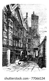 Stanley Palace, in Chester, Cheshire, United Kingdom, during the 1890s, vintage engraving. Old engraved illustration of a street scene in front of Stanley Palace. Trousset Encyclopedia