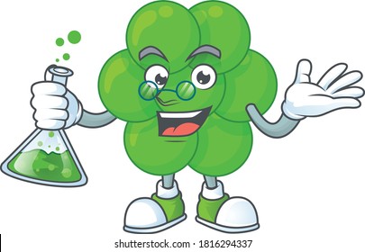 Staphylococcus aureus inteligente Profesor Cartoon personaje sosteniendo el tubo de vidrio en el laboratorio. Ilustración del vector