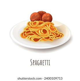 Staple Food der traditionellen italienischen Küche, Spaghetti. Einziger Teller mit langen und dünnen zylindrischen Nudeln, Tomatensauce und Fleischbällen. Quelle von Kohlenhydraten, Vitaminen und Eisen. Vektorgrafik im Flachstil