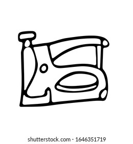 Staple gun in doodle style. Isolated outline. Hand drawn vector illustration in black ink on white background.
