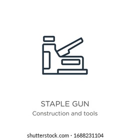 Staple Pistole Symbol. Dünne, lineare Rahmenpistole, Symbol einzeln auf weißem Hintergrund aus der Konstruktion und Werkzeugsammlung. Vektorillustration der Linie, Symbol für Web und Mobilfunk