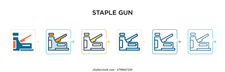 Staple Pistole Vektorsymbol in 6 verschiedenen modernen Stilen. Schwarze, zweifarbige Stapelgewehr-Icons, die im Stil von Füllung, Umriss, Linie und Strich entworfen wurden. Vektorgrafik kann für Web, Mobile, i