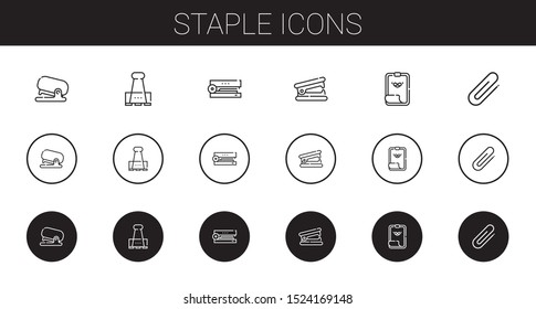 staple icons set. Collection of staple with stapler, paper clip, stapler remover, clip. Editable and scalable staple icons.