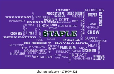 Staple text presented in black color with multiple related words on purple background vector abstract background.