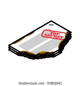 Stapled document - marked "top secret" and burnt/scorched.