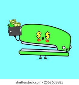 Stapler Dollar, Wallet, Money character. Vector hand drawn cartoon kawaii character illustration icon. Isolated on blue background. Stapler character concept