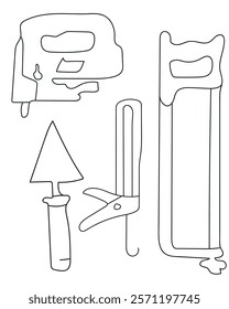 Stapler, Glue Gun, Hand Blade, Pointing Trowel common tools in a construction vector set include a saw, ideal for cutting wood, metal, a drill, which creates holes in various materials. clean, modern.