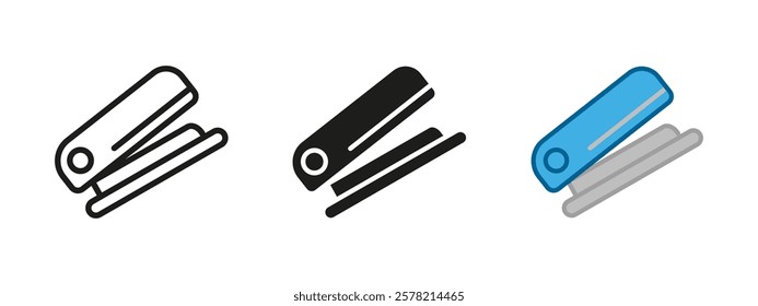 Stapler icon. School stationery vector illustration. Office supply symbol. Paper clip tool sign. Document binder pictogram. Paper binding equipment stapler concept isolated outline, black and colored.