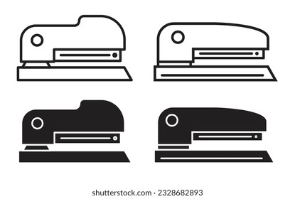 Stapler icon set in black filled and outlined style. Office paper staple stapler line icons.