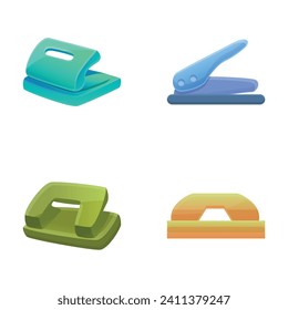 Stapler icons set cartoon vector. Various type and color of hole punch. Stationery, office supplies