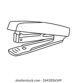 Grampeador para papel e documentos desenhados com contorno preto. Estilo do ícone da linha do marcador. Conceito de volta à escola, papelaria para o dia do conhecimento e primeiro dia. Ilustração de vetor plano isolada.