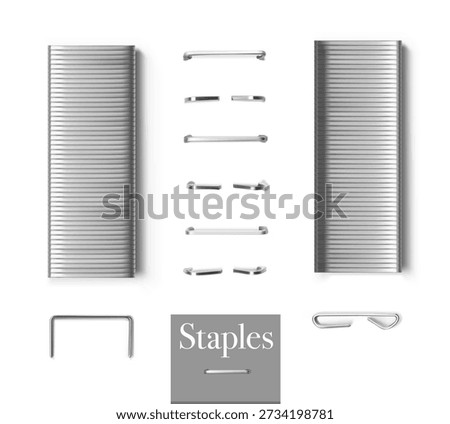 Stapler pin mockup set. Vector illustration on white background. Can be use for your design, presentation, promo, adv. EPS10.