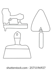 Stapler, Pointing Trowel, Scarifier common tools in a construction vector set include a saw, ideal for cutting wood, metal, a drill, which creates holes in various materials. clean, modern vector