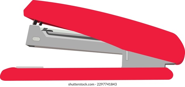 Stapler, staple, paper, cardboard, office equipment, red color vector illustration symbol icon object flat style. Side view. EPS 10