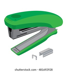 Stapler and staples. Green stapler and staples isolated on white background.