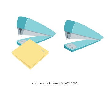 Stapler staples paper sheets. Process of staples documents. Office work tool cartoon vector illustration. Working, education, business concept.