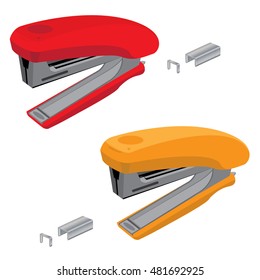 Stapler and staples. Red with orange stapler and staples isolated on white background.