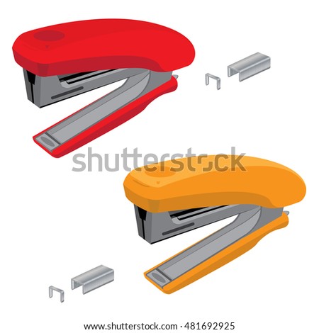 Stapler and staples. Red with orange stapler and staples isolated on white background.