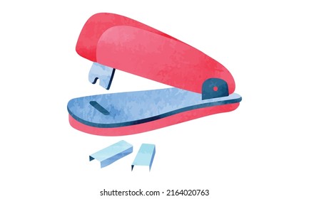 
Stapler and staples watercolor style vector illustration isolated on white background. Red office stapler and staples watercolor clipart. Stapling equipment for work or education