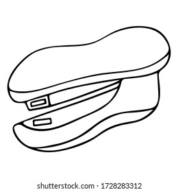 Stapler. Tool for fastening sheets of paper with metal staples inside. Vector illustration in doodle style. Contour on an isolated white background. Sketch. Office Chancellery. Coloring book.
