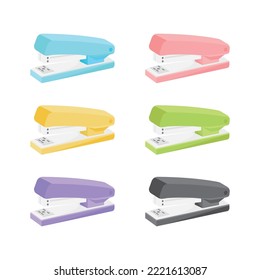 Stapler vector illustration on white background. Stapler can quickly organize documents. Different color stapler are blue, pink, yellow, green, purple, gray. Office supplies or school supplies.