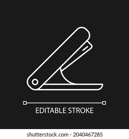 Stapler white linear icon for dark theme. Mechanical tool for joining document pages together. Thin line customizable illustration. Isolated vector contour symbol for night mode. Editable stroke