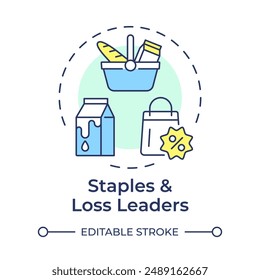 Staples and loss leaders multi color concept icon. Retail strategy. Tips to optimize product assortment. Round shape line illustration. Abstract idea. Graphic design. Easy to use in blog post