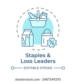 Staples and loss leaders soft blue concept icon. Retail strategy. Tips to optimize product assortment. Round shape line illustration. Abstract idea. Graphic design. Easy to use in blog post