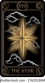 The Star. The 17th card of Major arcana black and gold tarot cards. Tarot deck. Vector hand drawn illustration with skulls, occult, mystical and esoteric symbols.