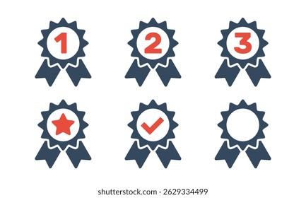 star 1st 2nd 3rd place awards, gray red flat solid vector set