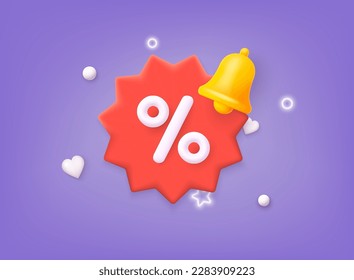 Star 3d label with percent and bell. Notification of discount.  3D Web Vector Illustrations.