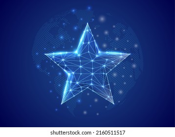 Símbolo de polos bajos de Star 3d con fondo de mapa del mundo azul. Ilustración vectorial de diseño de concepto de clasificación. Símbolo poligonal de retroalimentación con puntos conectados