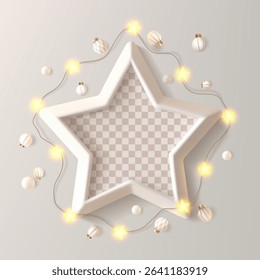 Star 3d picture frame on beige bg, decorated with light glowing garland. White empty vector Christmas card mock up, festive greeting photo, winter party invitation. Neutral decorative gallery wall