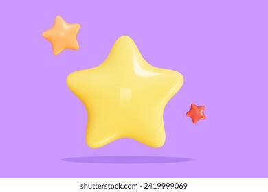 Star 3D Review plastic vector render. Set star for feedback and rank. 3d cartoon game element. Shape for app and game design. Vector illustration.