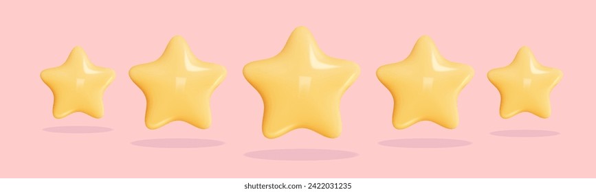 Star 3D Review plastic vector render. Set star for feedback and rank. 3d cartoon game element. Shape for app and game design. Vector illustration.