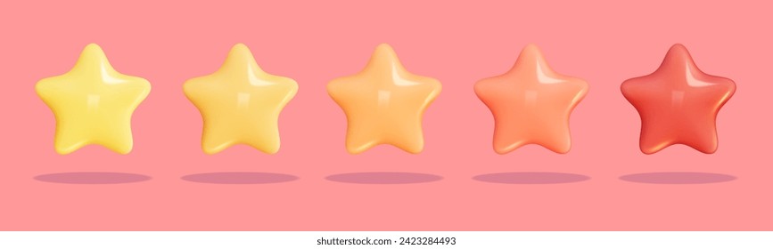 Representación del vector de plástico de Star 3D Review. Establece la estrella para la retroalimentación y el rango. Elemento de juego de dibujos animados 3d. Forma para el diseño de aplicaciones y juegos. Ilustración vectorial.