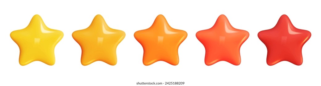 Star 3D Review plastic vector render. Set star for feedback and rank. 3d cartoon game element. Shape for app and game design. Vector illustration.