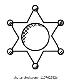 
Star with 6 corners and a round shape inside depicting security
