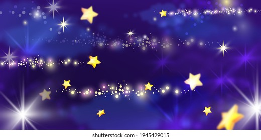 Star abstract vector background, holiday Christmas night sky texture, yellow asterisks, defocus nebula. Magic blue sparkling space wallpaper. New year celebration star background, festive neon banner