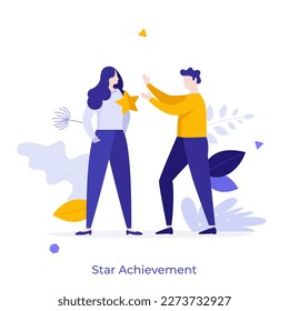 Star Achievement flat concept vector illustration. Appreciation of employee growth. Man rewarding woman cartoon characters on white for web design. Creative idea for website, mobile, presentation