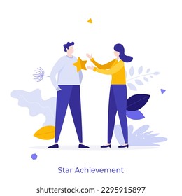 Star Achievement flaches Konzept, Vektorgrafik. Wertschätzung des Mitarbeiterwachstums. Frauen belohnen männliche Cartoon-Figuren auf Weiß für Web-Design. Kreative Idee für Website, Mobilfunk, Präsentation