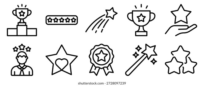 Estilo de línea de conjunto de iconos de logro de estrella que ilustra el concepto de reconocimiento y logro de excelencia de recompensa de éxito.