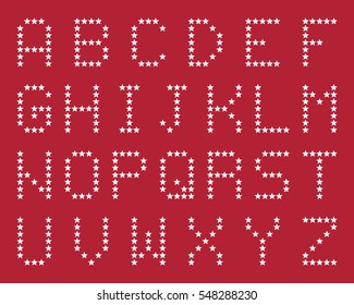Star alphabet, font set, white isolated on red background, vector illustration.