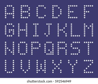 Star alphabet, font set, white isolated on blue background, vector illustration.