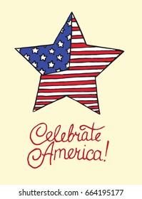 Star With American Flag, Celebrate America, Card Design, Drawn By Hand Vector Illustration In Pop Art Doodle Comics Style