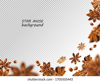 Star anise background. Flying star aniseed on a transparent backdrop. Quality realistic vector, 3d illustration