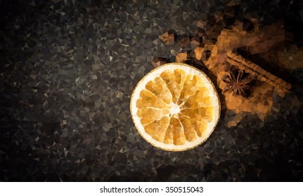Star anise, cinnamon, coffe, orange and ground cinnamon on a black marble slab